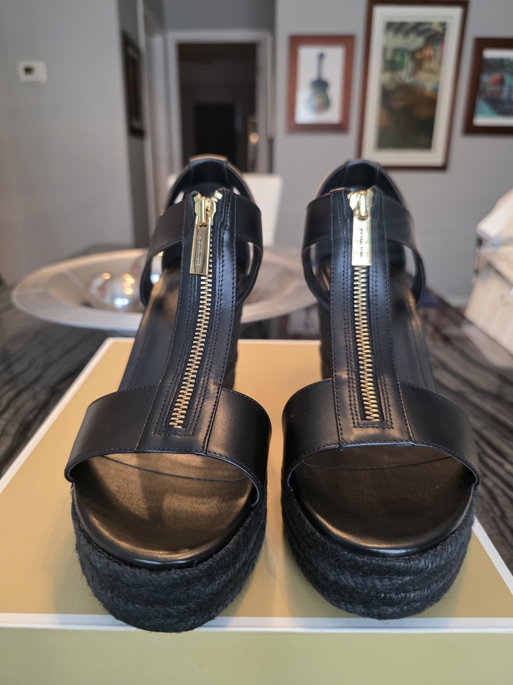 NWT Michael Kors Black Leather Zip-Front Platform Sandals